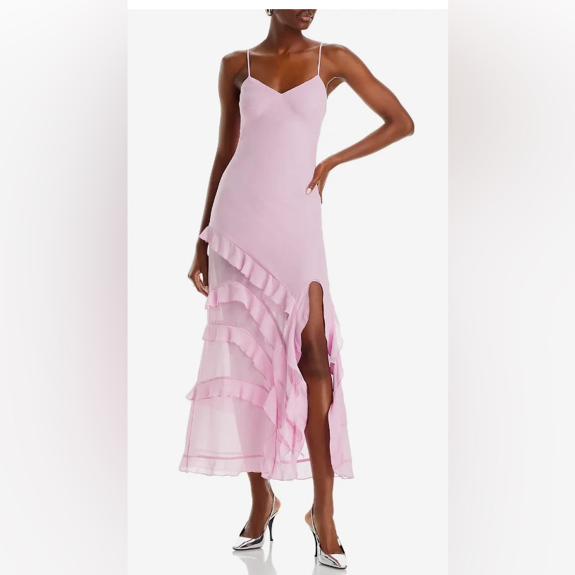 Bardot Pink Lilac Ruffle Tiered Maxi Slip Dress/High Slit - Size 8